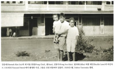 김순내(Hannah Kim Liu)의 세 아들 봉철(Pong Chul), 샘(Sam), 김봉수(Pong Soo Kim). 릴리하(Liliha) 버클 레인(Buckle Lane)의 바인야드 스트리트(Vineyard Street)에서 촬영한 사진. 그들은 상점 위층에서 살았다. 1926년 6월. Dalton Tanonaka 앨범.