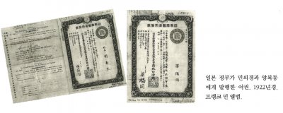 일본 정부가 민의경과 양복동에게 발행한 여권. 1922년경. 프랭크 민 앨범.
