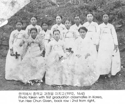 한국에서 중학교 과정을 마치고(1912, 16세) Photo taken with first graduation classmates in Korea. Yun Hee Chun Given, back row : 2nd from right.