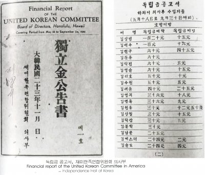 독립금 공고서, 재미한족연합위원회 의사부 Financial report of the United Korean Committee in America