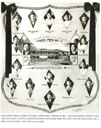 한인기독학원의 학생들과 교직원들은 알리이올라니 공립학교 앞에서 사진촬영을 하곤 했다. 그렇지만 한인기독학원이 공립학교의 교실을 사용한 것은 아니었다. 남녀공학으로 운영되던 한인기독학원이 제1회 졸업생을 배출한 것과 이승만이 상하이에서 하와이로 돌아온 것을 기념하는 사진. 1921년 6월 경. 거트루드 리(Gertrude Lee) 앨범.