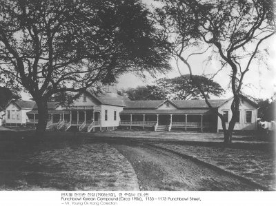 펀치볼 한인촌 전경 (1906년경)，현 주청사 건너
Punchbowl Korean Compound (Circa 1906),1133-1173 Punchbowl Street.