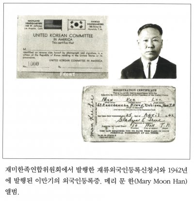 재미한족연합위원회에서 발행한 재류외국인등록신청서와 1942년에 발행된 이만기의 외국인등록증. 메리 문 한(Mary Moon Han)앨범.
