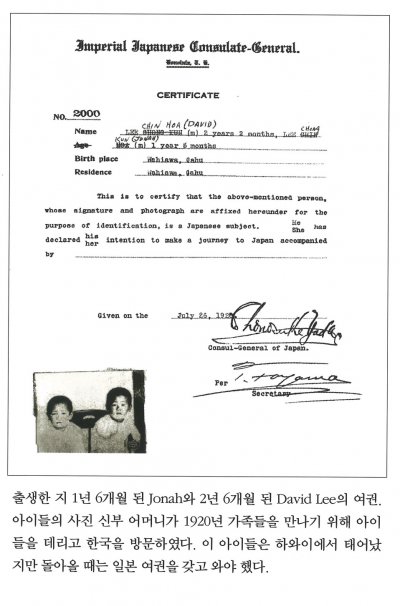 출생한 지 1년 6개월 된 Jonah와 2년 6개월 된 David Lee의 여권. 아이들의 사진 신부 어머니가 1920년 가족들을 만나기 위해 아이들을 데리고 한국을 방문하였다. 이 아이들은 하와이에서 태어났지만 돌아올 때는 일본 여권을 갖고 와야 했다.