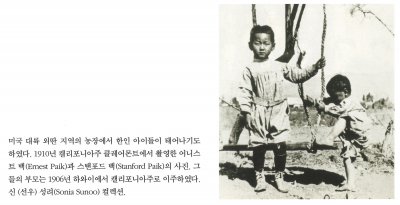 미국 대륙 외딴 지역의 농장에서 한인 아이들이 태어나기도 하였다. 1910년 캘리포니아주 클레어몬트에서 촬영한 어니스트 백(Ernest Paik)과 스탠포드 백(Stanford Paik)의 사진. 그들의 부모는 1906년 하와이에서 캘리포니아주로 이주하였다. 신(선우) 성려(Sonia Sunoo) 컬렉션.